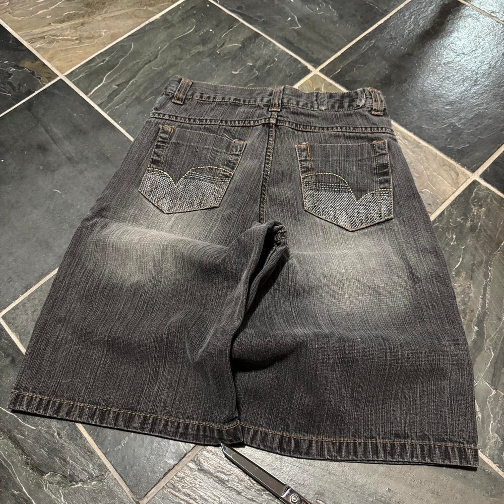 00s Y2K Indigo Thirty Embroidered Gray Crosshatch Denim BAGGY Shorts - 27" - Picture 4 of 8